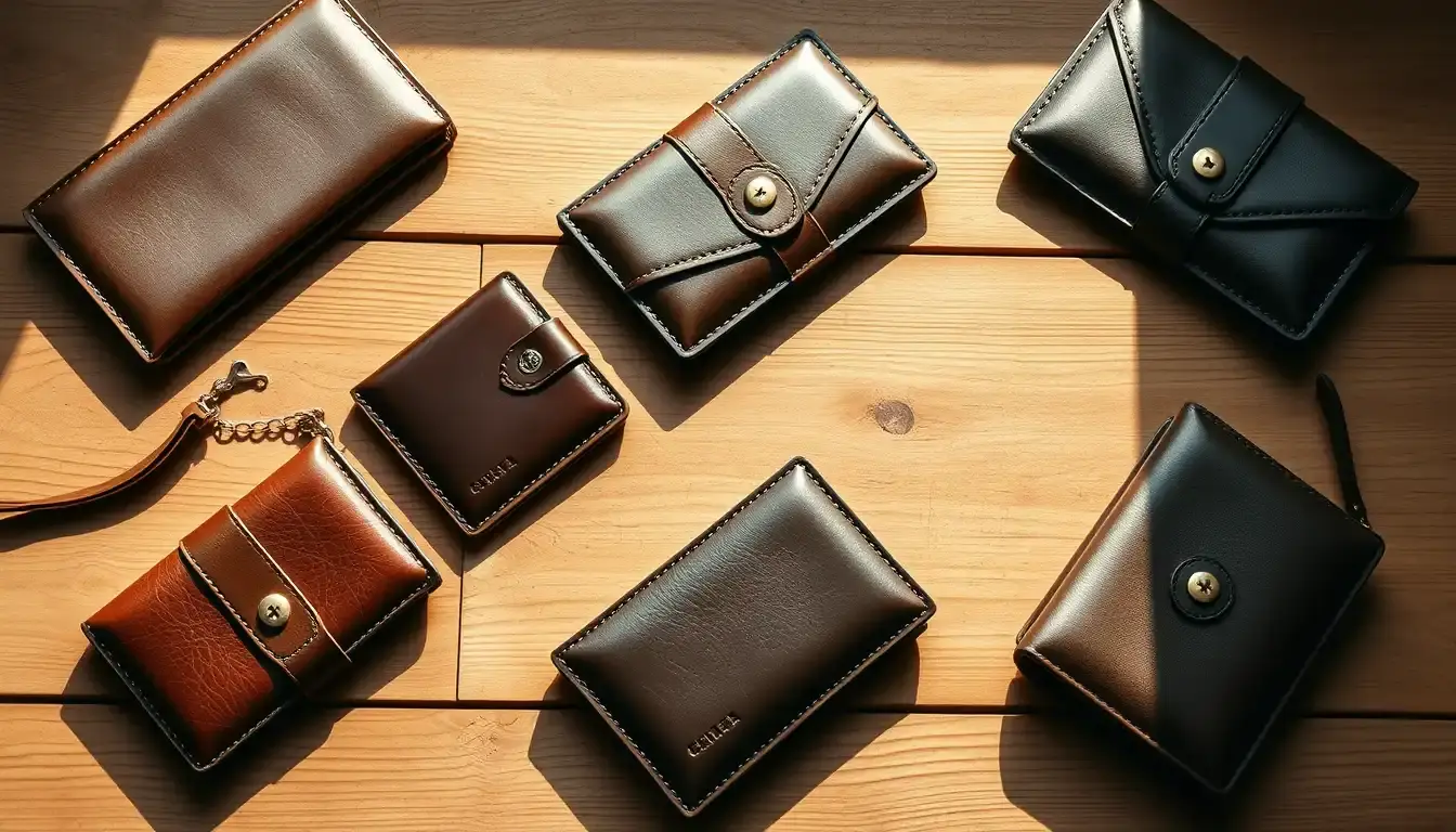 Sélection de portefeuilles en cuir véritable pour femme sur une table en bois