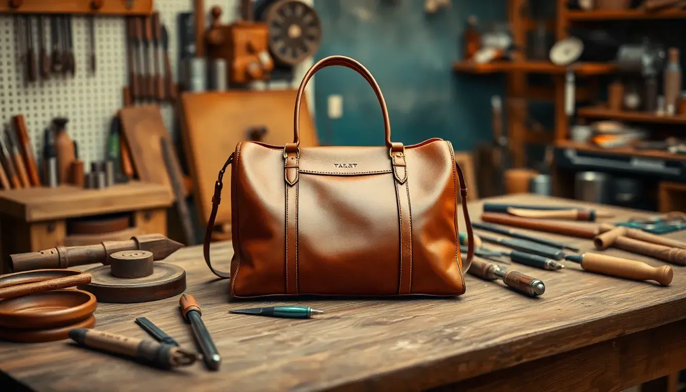 Sac à main en cuir haut de gamme sur un établi d'artisan maroquinier