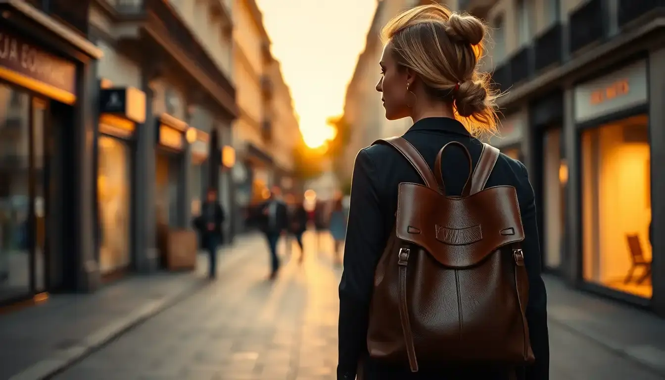 Femme élégante portant un sac à dos en cuir véritable dans une rue ensoleillée