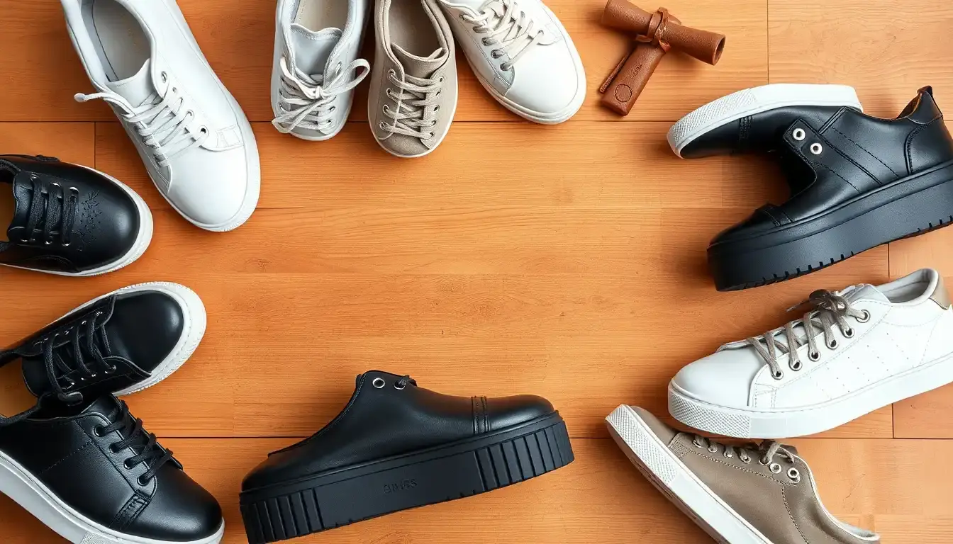 Différents styles de basket cuir femme posés sur un établi en bois artisanal.