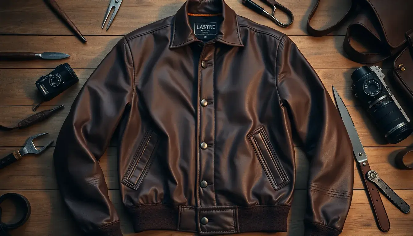 Blouson en cuir de qualité supérieure exposé dans un atelier d'artisanat
