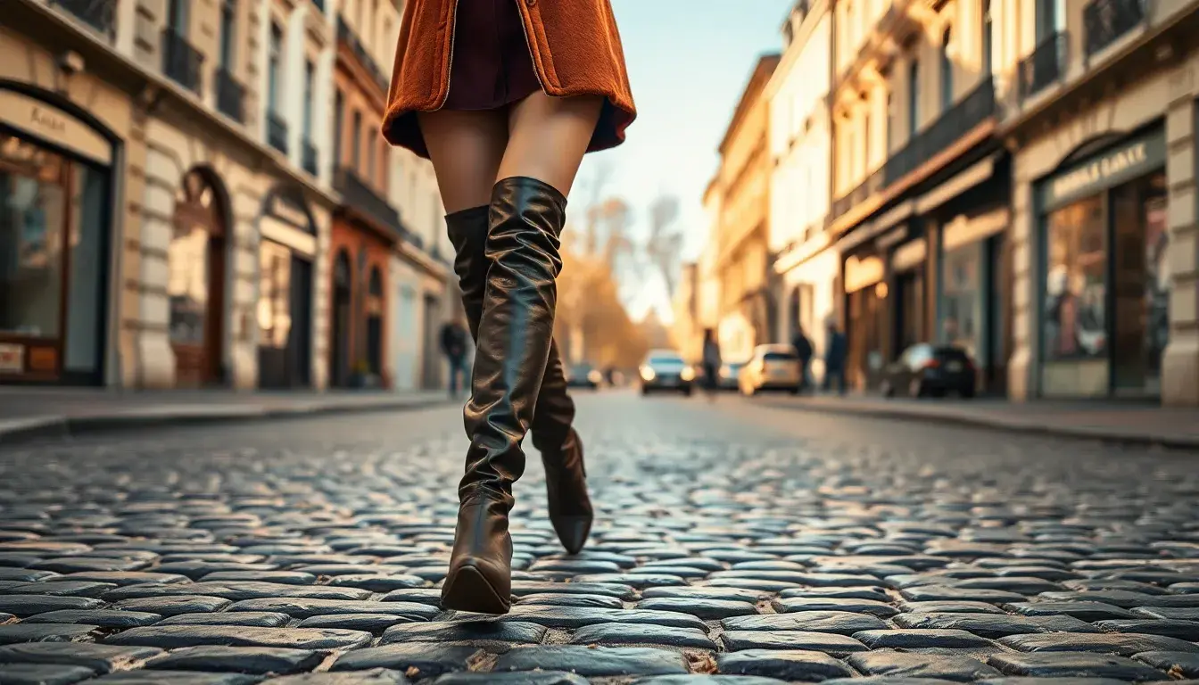 Femme élégante portant des bottes en cuir de haute qualité dans une rue pavée