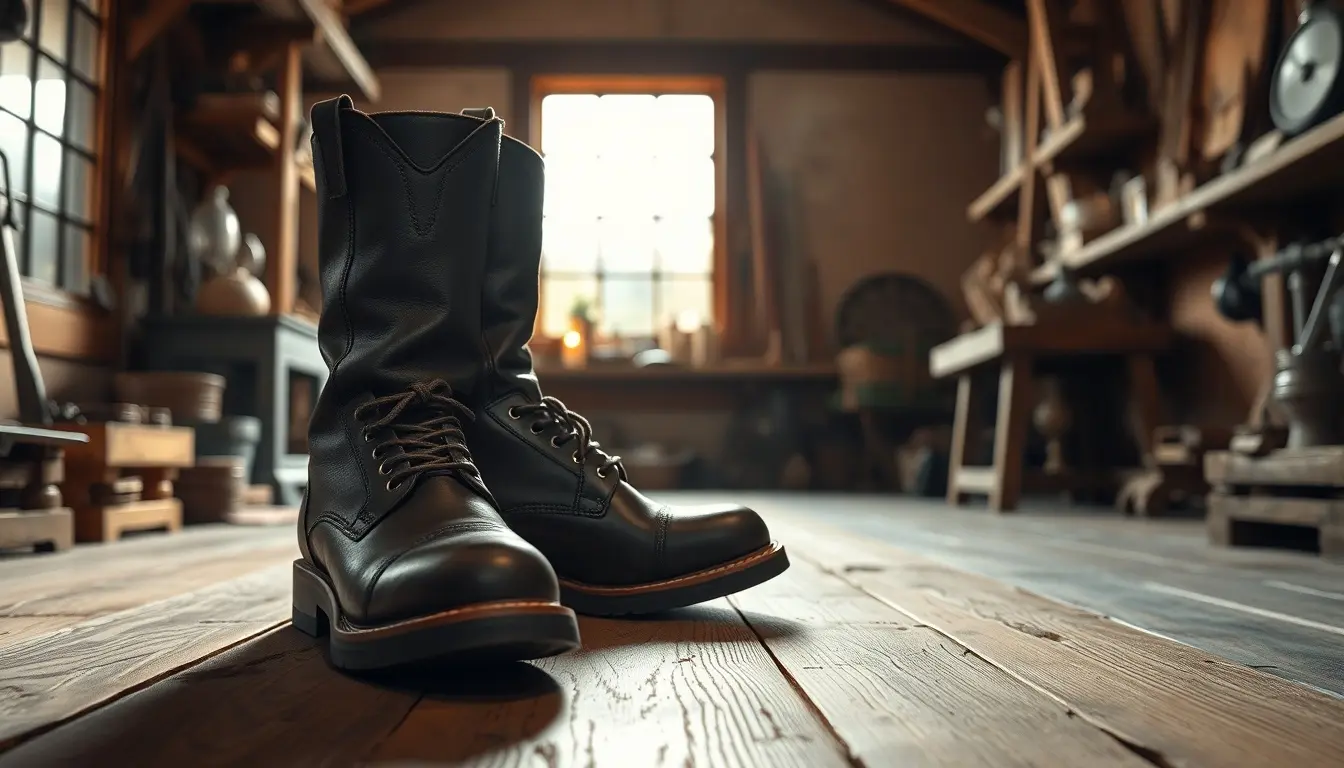 Bottes en cuir marron de haute qualité sur un sol en bois rustique