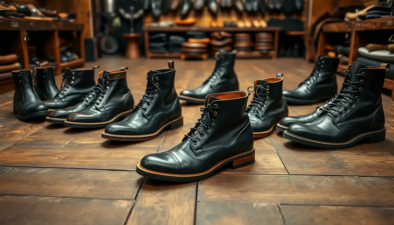 Sélection de bottes en cuir noir de haute qualité sur un sol en bois d'atelier