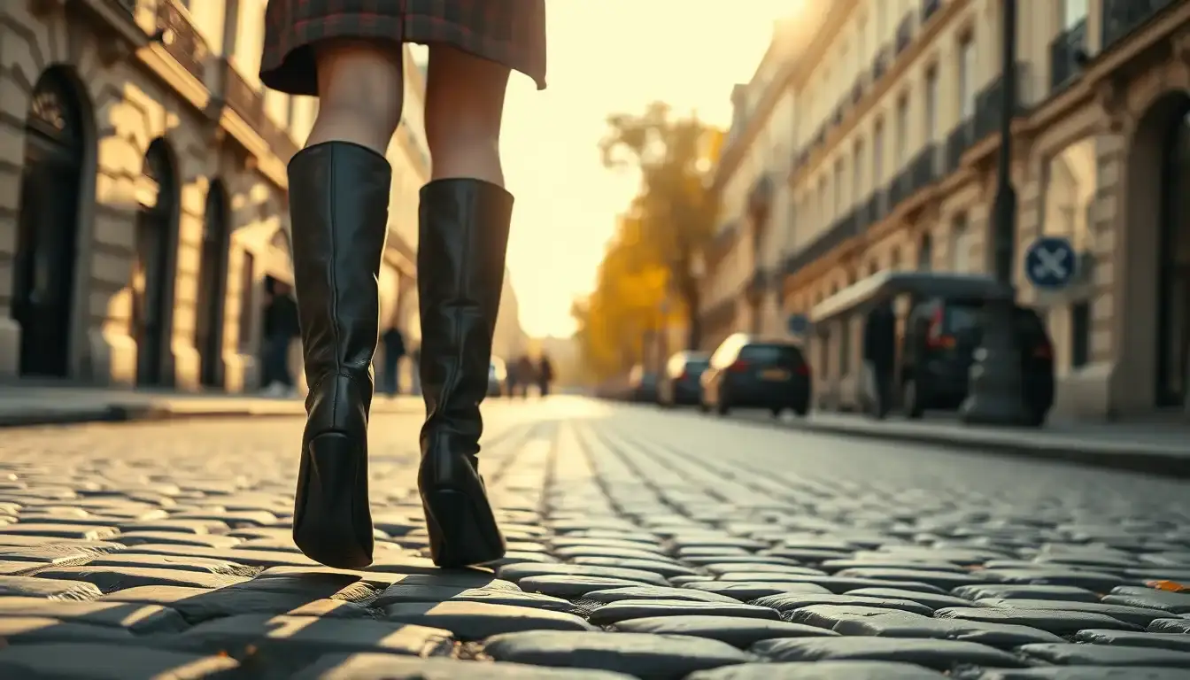 Femme élégante portant des bottes en cuir de haute qualité dans une rue pavée