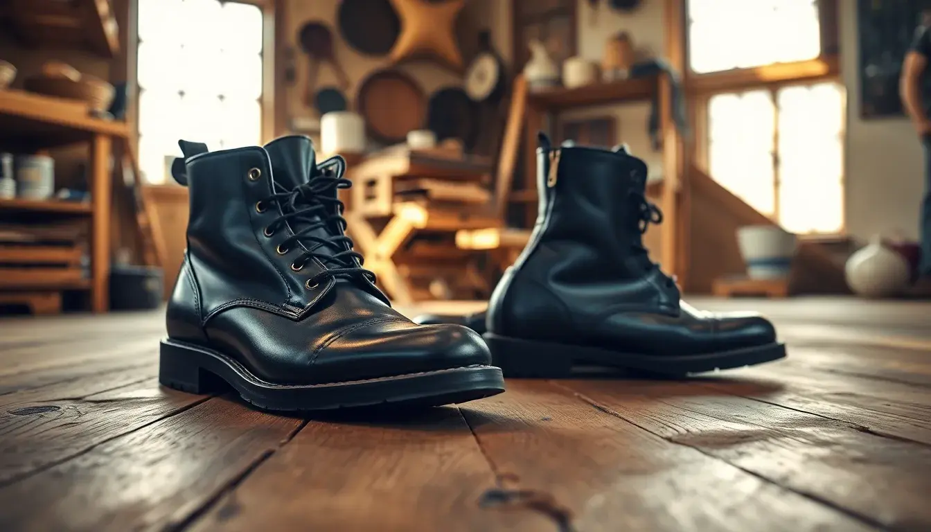 Bottes noirs cuir de haute qualité posées sur un parquet en bois rustique