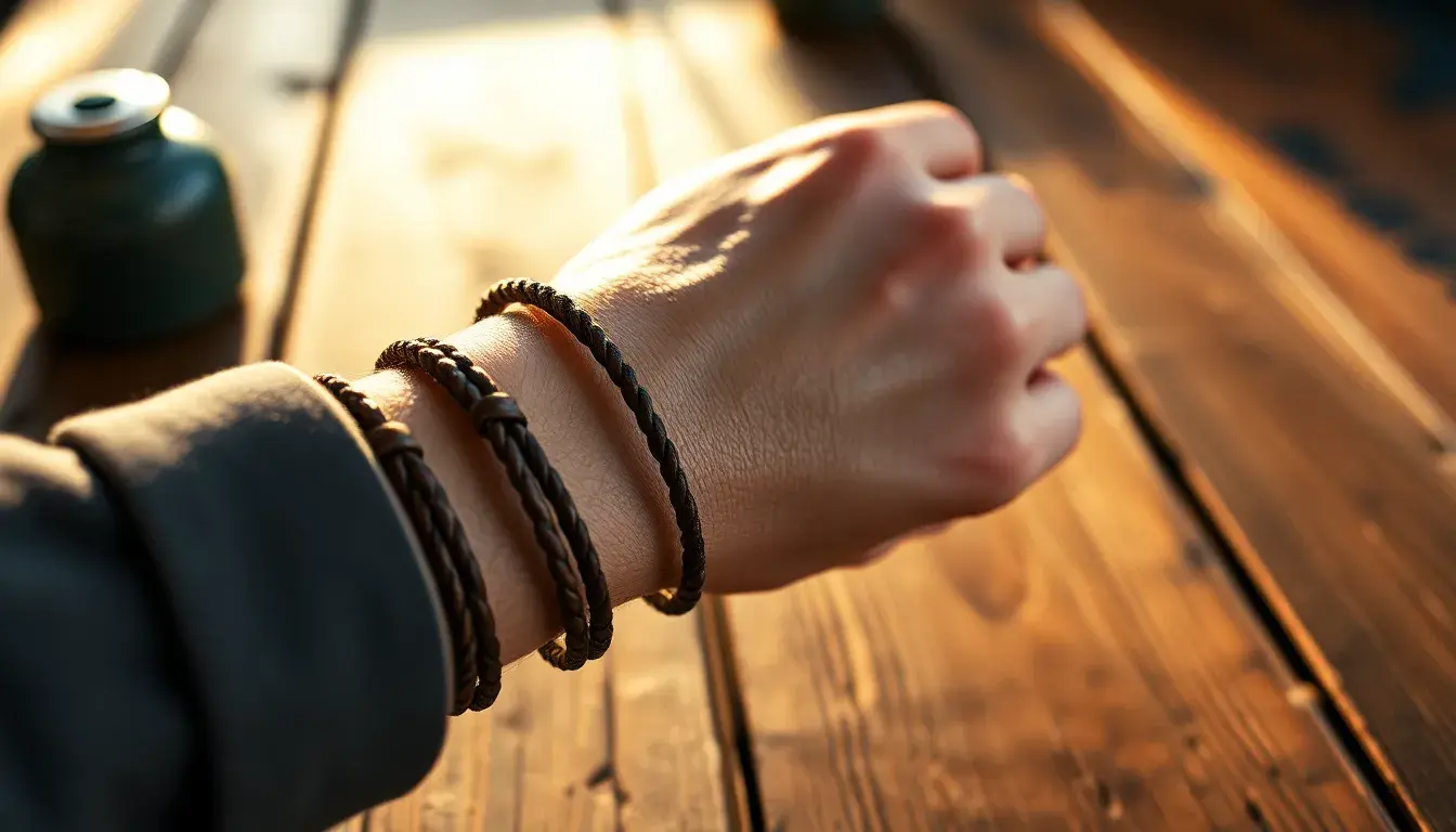 Bracelet en cuir homme artisanal sur un poignet masculin fond bois rustique