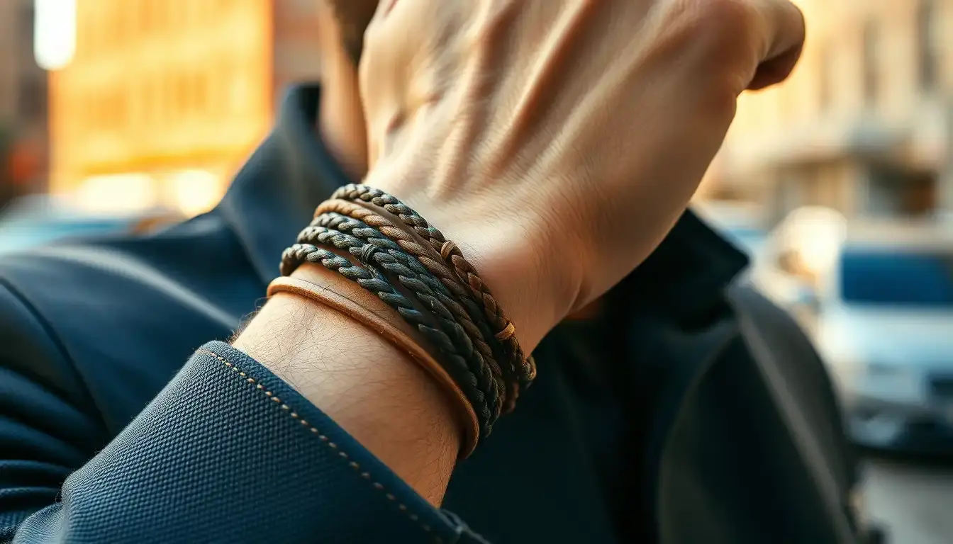 Gros plan d'un poignet masculin portant plusieurs bracelets homme cuir de qualité supérieure style urbain