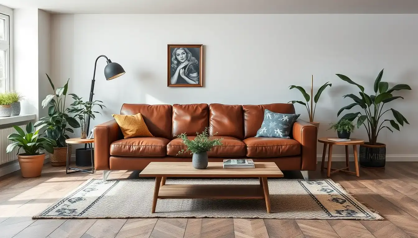 Canapé convertible cuir marron dans un salon moderne et élégant