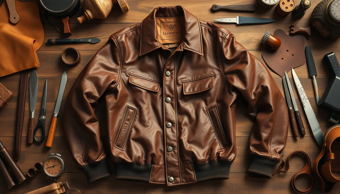 Blouson cuir homme de haute qualité posé sur une table d'artisan avec outils de maroquinerie