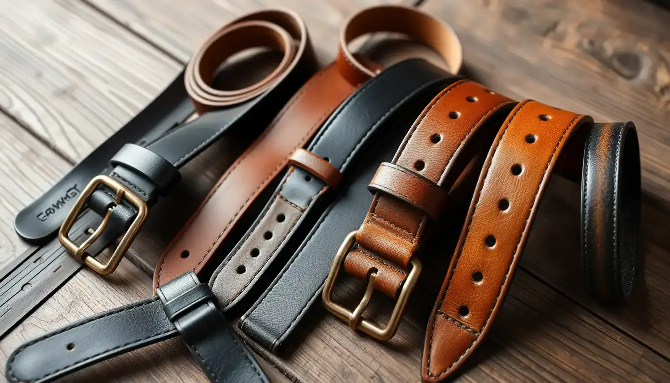 Collection de ceintures en cuir homme artisanales sur un établi en bois