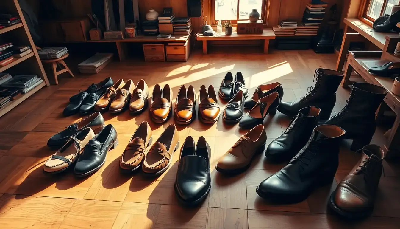 Sélection de chaussures femme cuir élégantes disposées dans un atelier artisanal ensoleillé