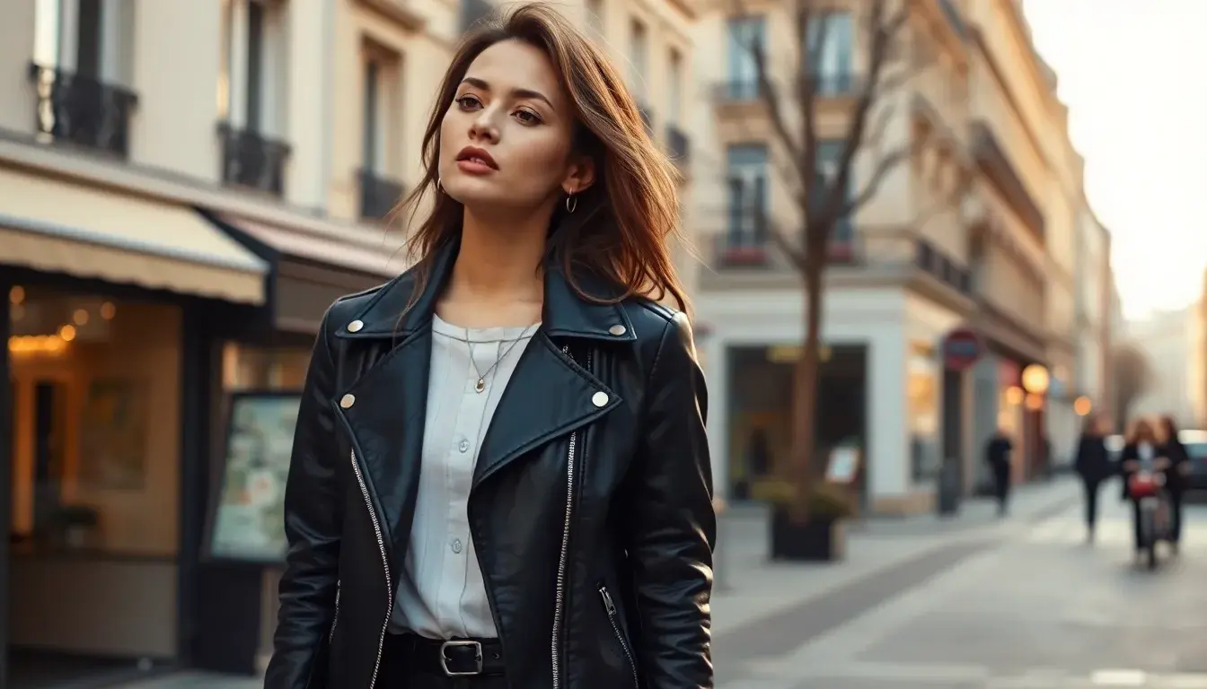 Femme portant un perfecto en cuir noir classique dans une rue ensoleillée