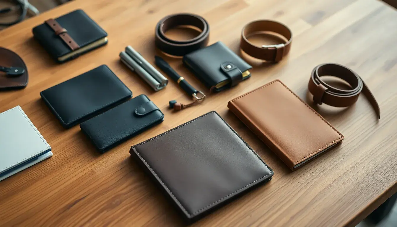 Collection d'accessoires en cuir PU de haute qualité sur une table en bois artisanale