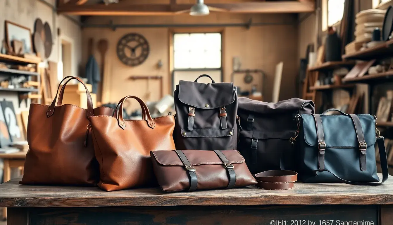 Différents modèles de cuir sacs disposés sur une table en bois d'atelier