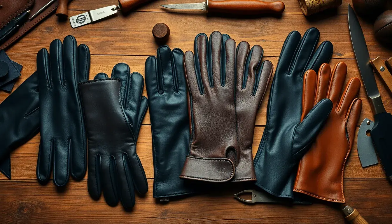 Sélection de gants en cuir artisanaux sur un établi en bois avec outils de maroquinerie