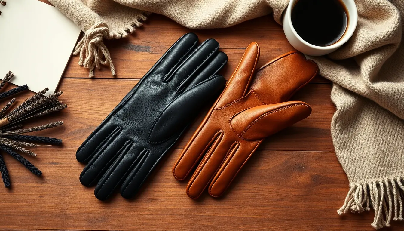 Gants en cuir femme élégants posés sur une table en bois avec une écharpe en cachemire