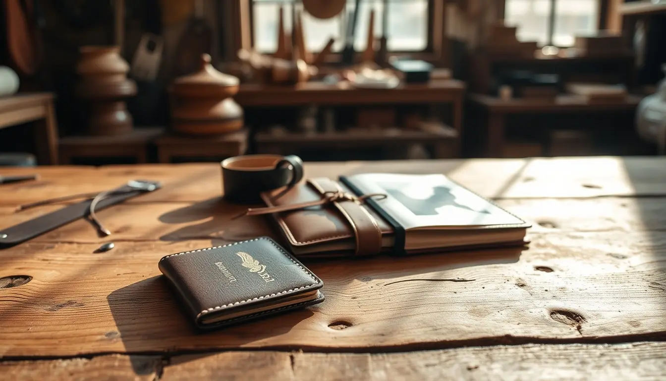 Flat-lay artisanal de produits en cuir premium pour noces de cuir sur un établi en bois.
