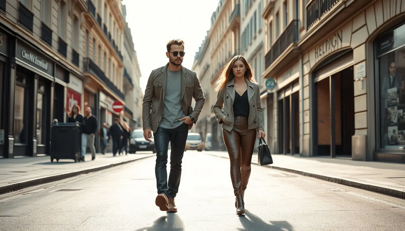 Homme et femme élégants portant des pantalons en cuir de haute qualité dans une rue urbaine