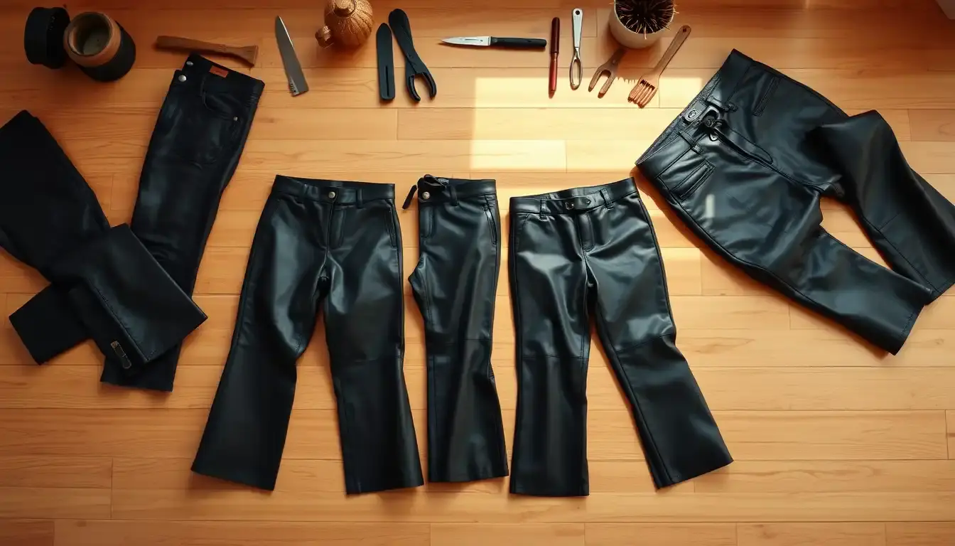 Sélection élégante de différents styles de pantalons en cuir pour femme sur un fond boisé chaleureux.