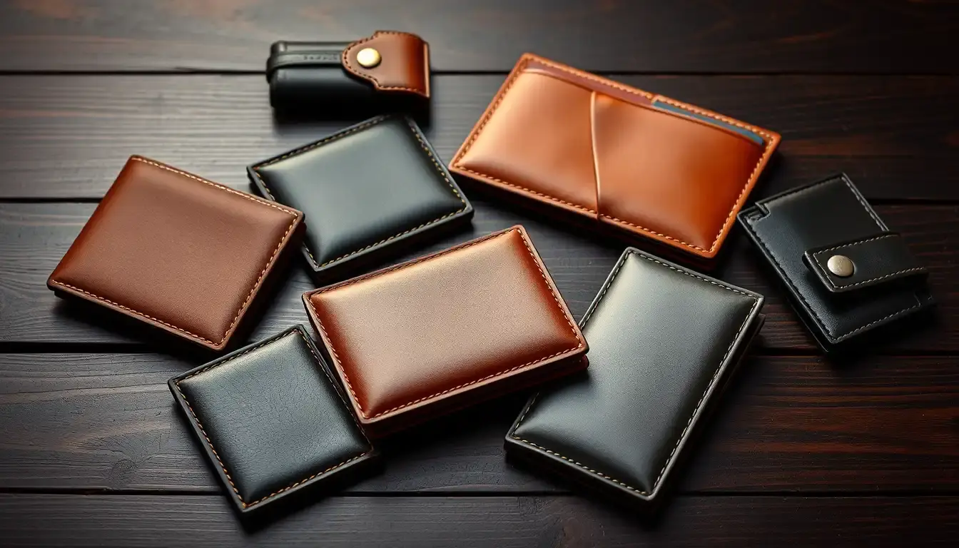 Sélection élégante de portefeuilles en cuir pour homme sur une table d'artisan en bois sombre