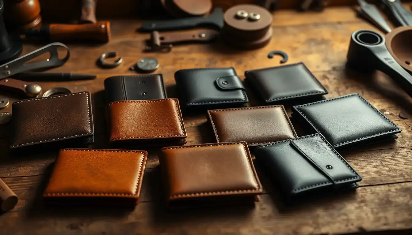 Sélection de portefeuilles en cuir de haute qualité sur un établi en bois rustique