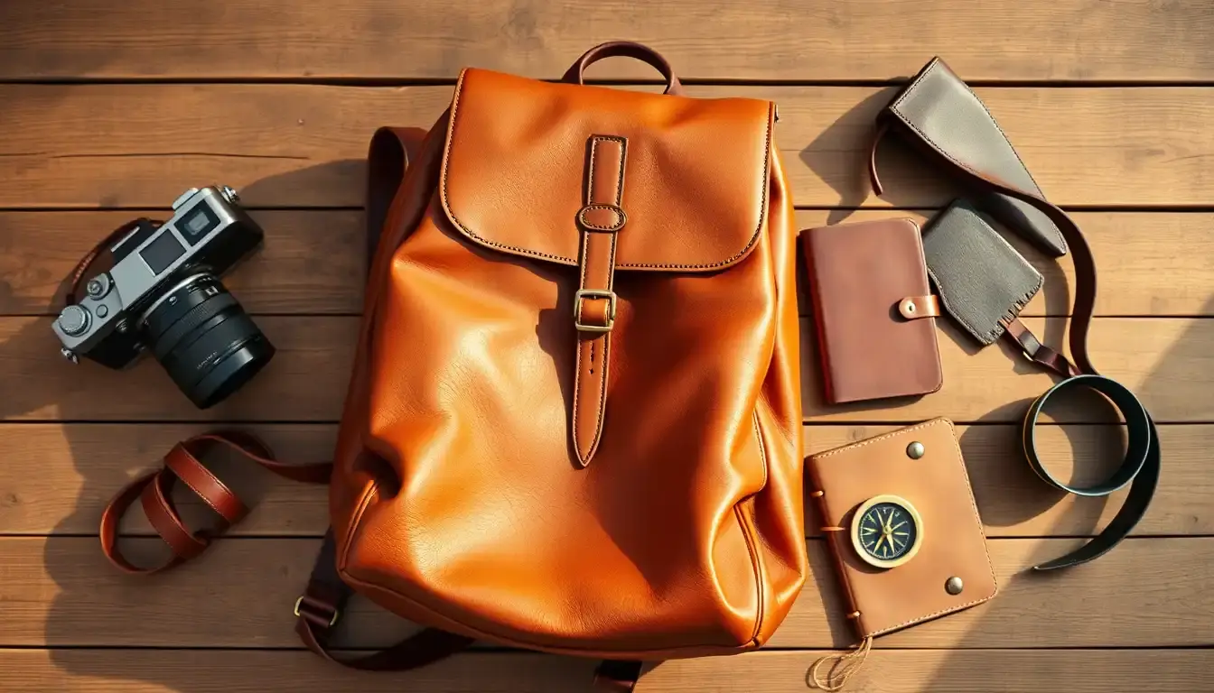 Sac à dos en cuir de couleur cognac posé sur une table en bois rustique avec accessoires vintage.