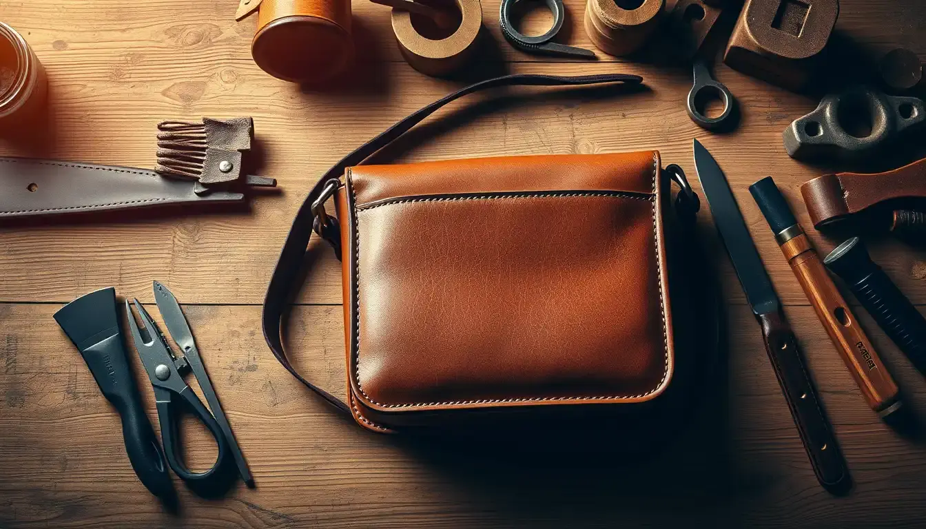 Sac bandoulière en cuir véritable posé sur un établi d'artisan avec des outils de maroquinerie.