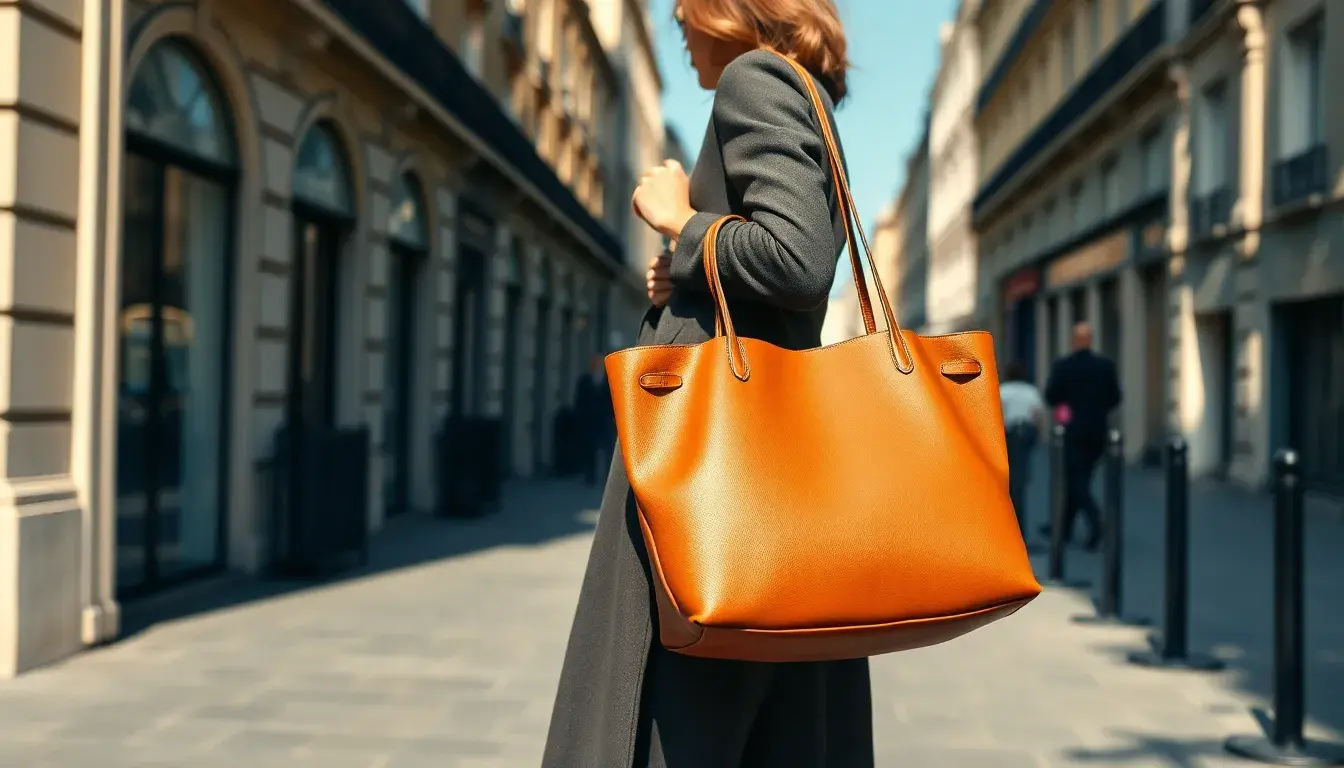 Femme élégante portant un grand sac cabas en cuir pleine fleur marron dans une rue ensoleillée