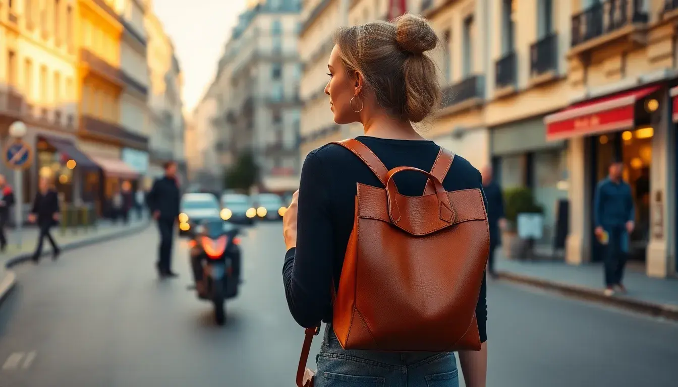 Femme élégante portant un sac à dos en cuir pleine fleur dans une rue de ville