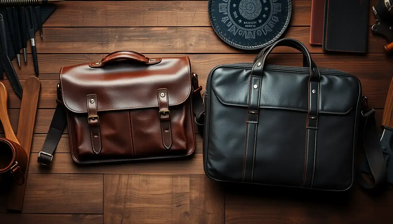 Sac cuir homme haut de gamme posé sur un bureau en bois artisanal