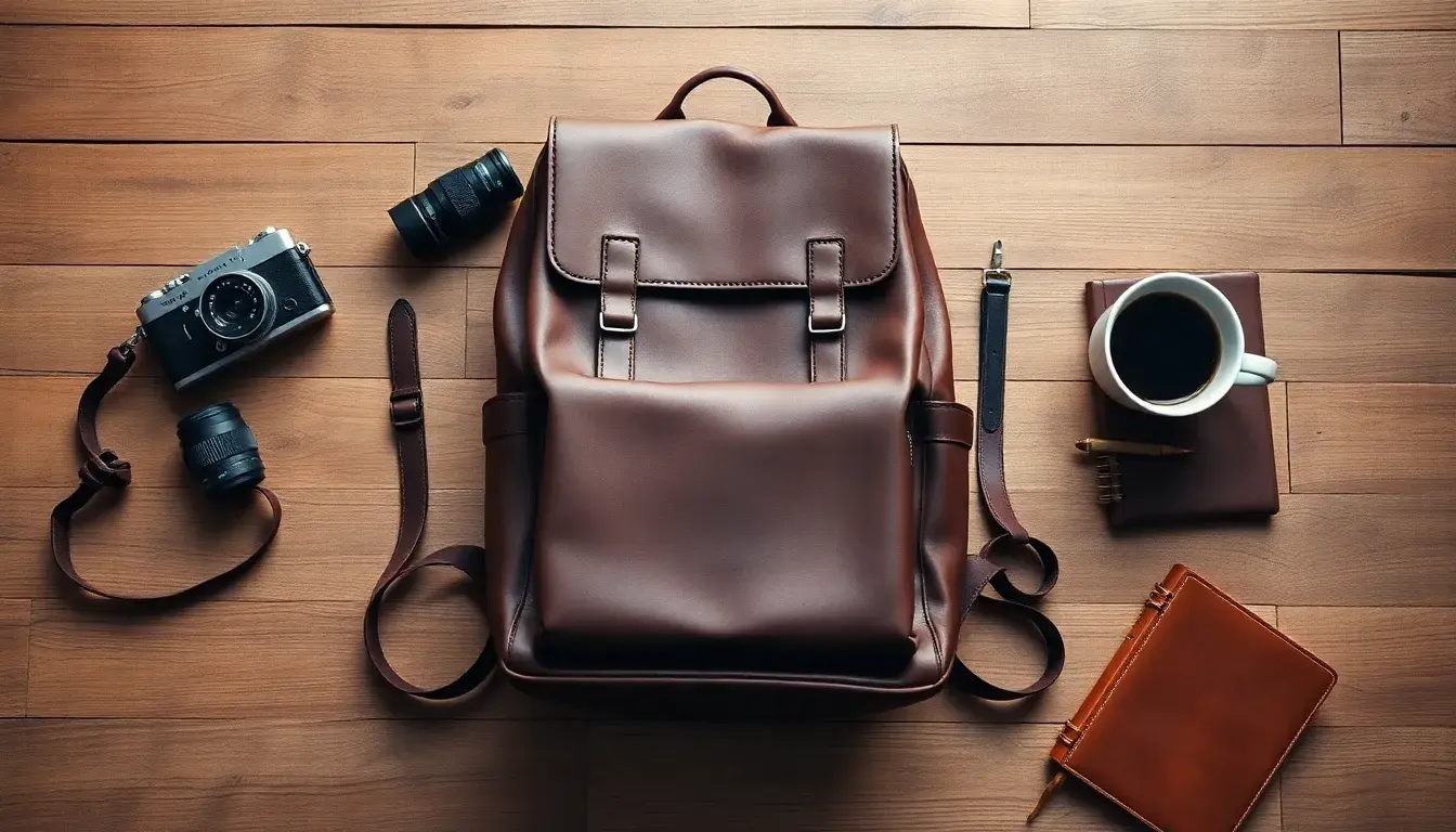 Sac à dos cuir homme de qualité premium exposé sur une table en bois rustique avec accessoires vintage