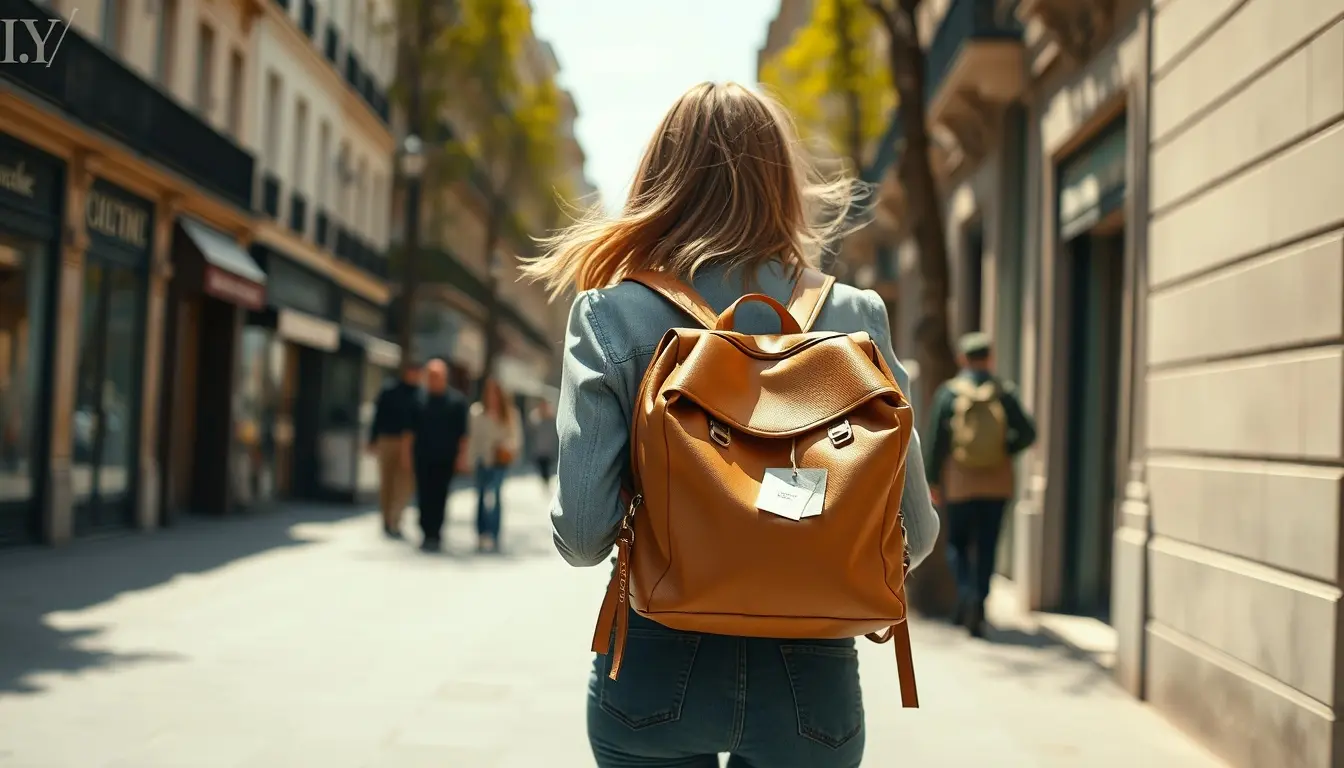 Femme élégante portant un sac à dos en cuir véritable dans une rue ensoleillée