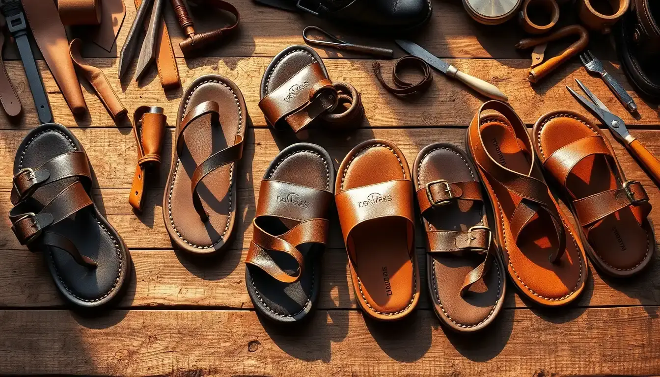 Différents styles de sandale cuir homme sur une table en bois artisanale.