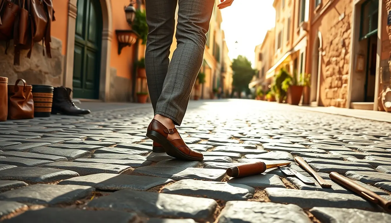 Homme élégant portant des sandales en cuir de qualité supérieure dans une rue ensoleillée.