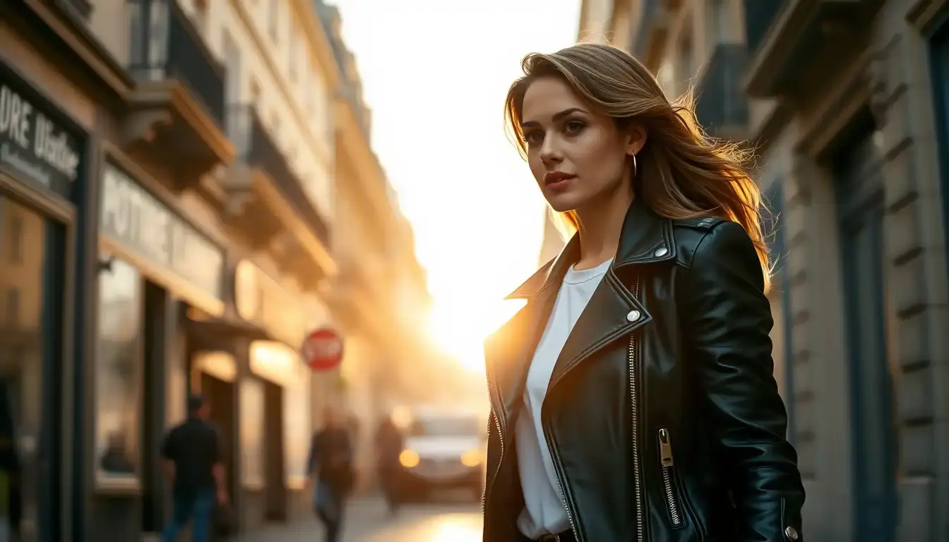 Femme élégante portant une veste simili cuir femme style moto dans une rue ensoleillée