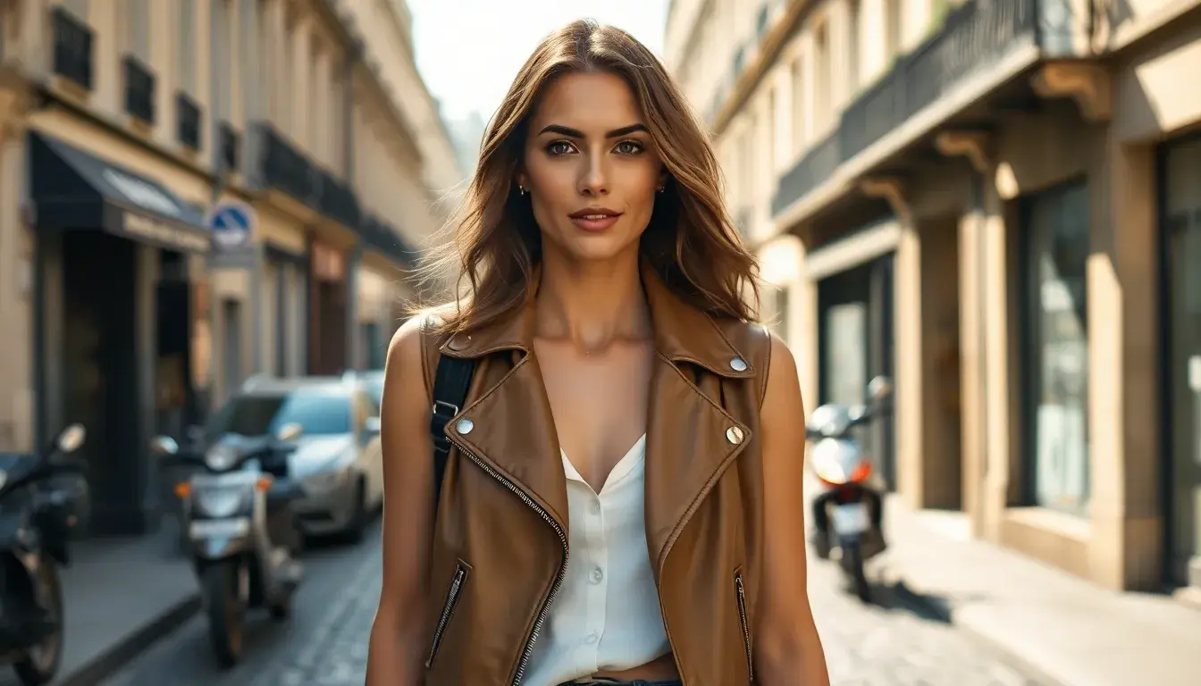 Femme élégante portant une veste en simili cuir femme dans une rue de Paris